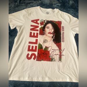 White Graphic “Selena” Tee with Red Floral Portrait